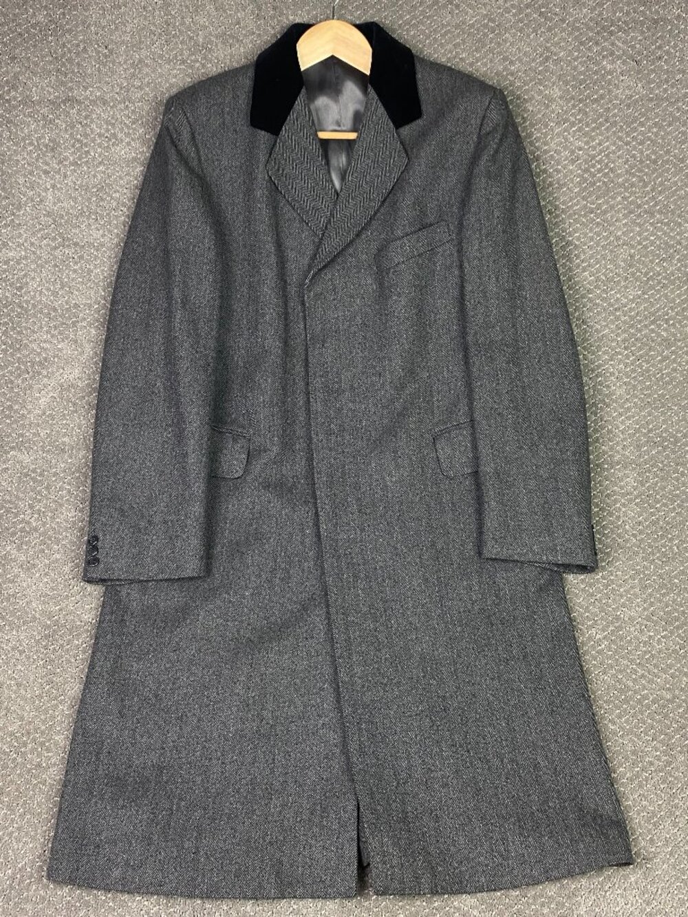 Baron Anderson Herringbone Tweed Overcoat Velvet Collar Mens 40R Gray Topcoat